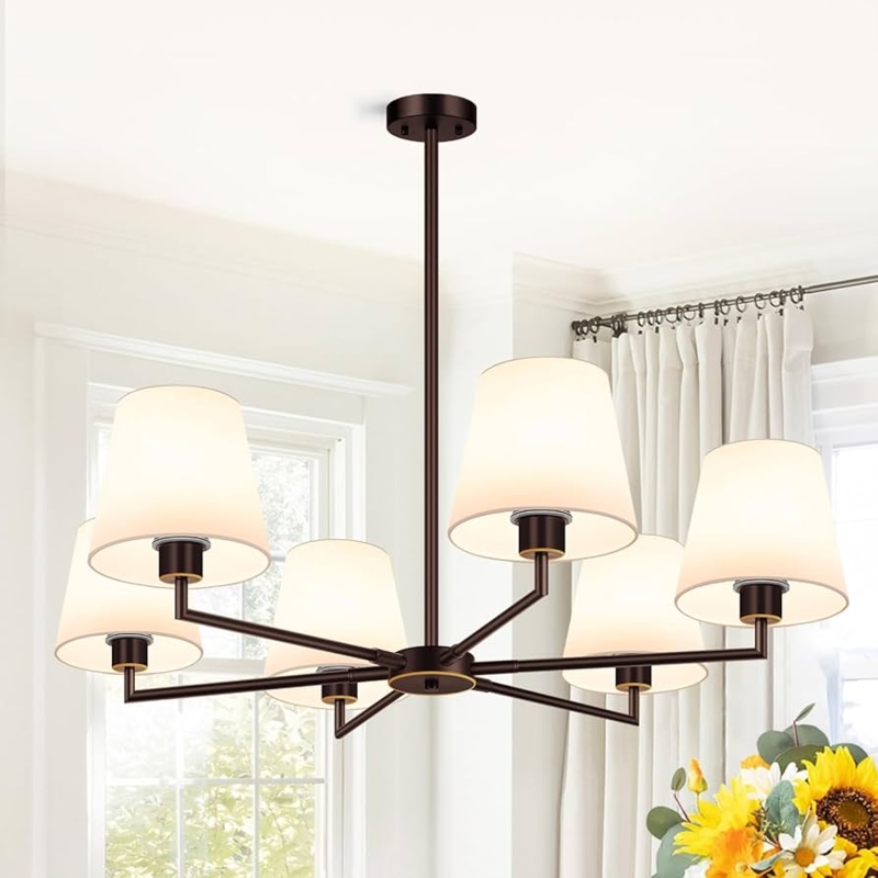 Linear Chandelier Oil Rubbed Bronze White Fabric Drum Shades Farmhouse
