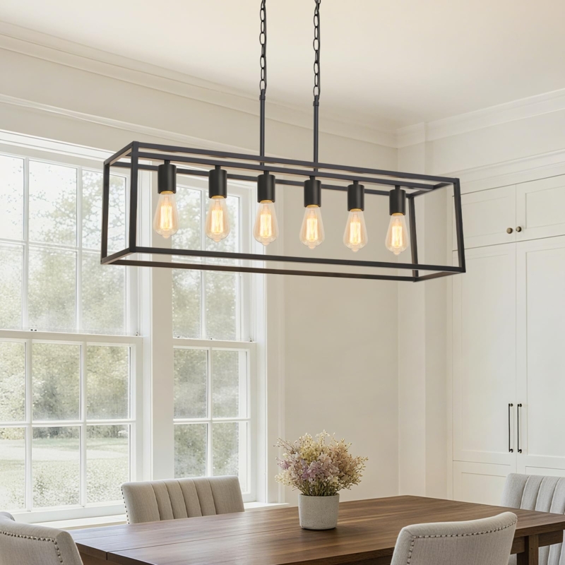 Linear Chandelier Open Frame Silhouette Exposed Bulbs Farmhouse Style