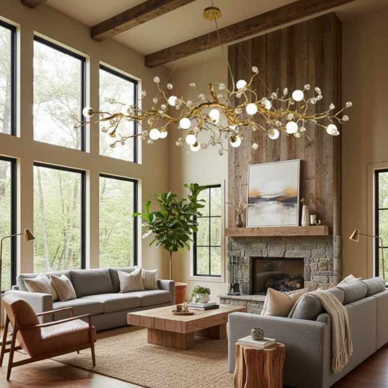 Linear Chandelier Polished Copper Branch Design with Integrated LED.