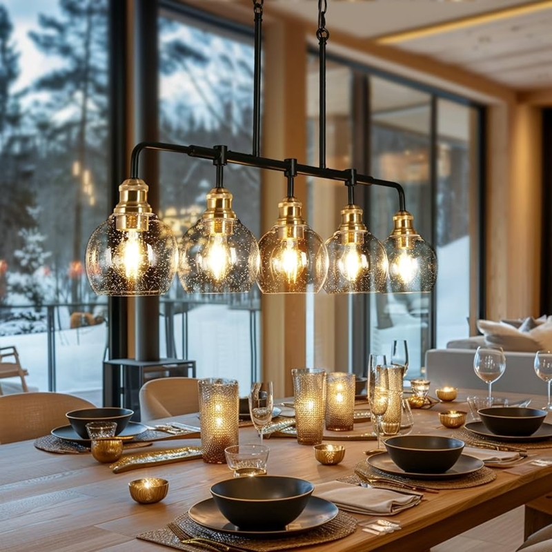 Linear Chandelier Rectangular Frame 5-Light Seeded Glass Farmhouse