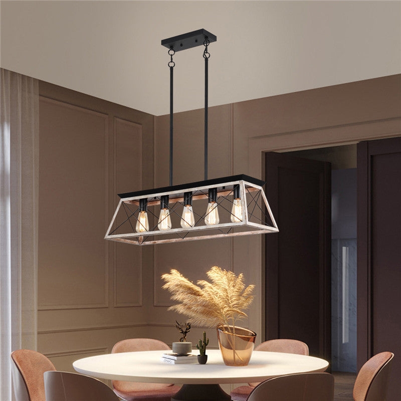 Linear Chandelier: Rustic Black Metal and Wood Accents Exposed Bulbs