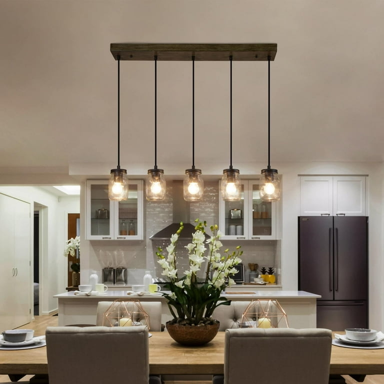 Linear Chandelier Rustic Wood Bar with Mason Jar Shades