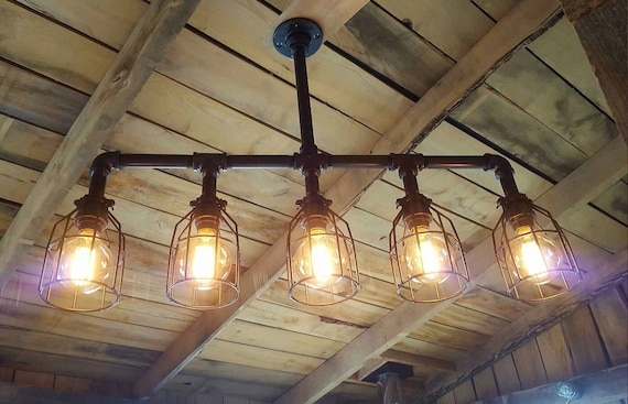 Linear Chandelier Rustic Wood Beam Island Light with Pipe Frame