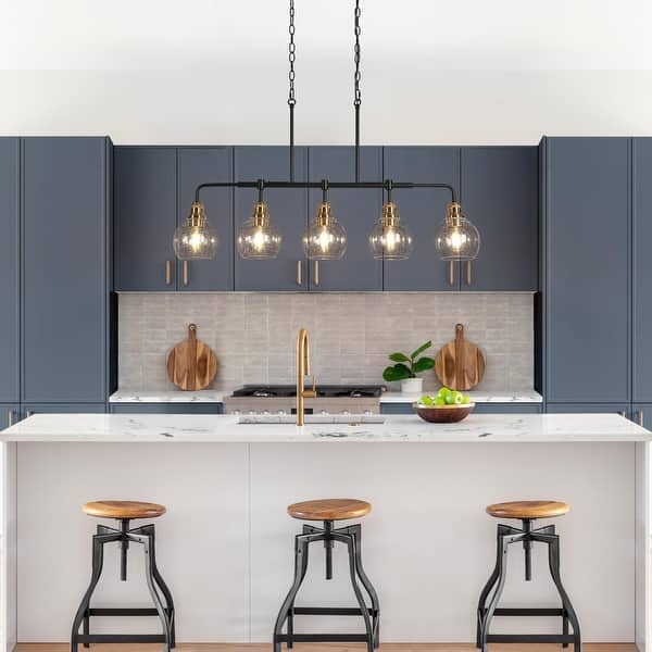Linear Chandelier: Seeded Glass Shades, Black and Brass Frame