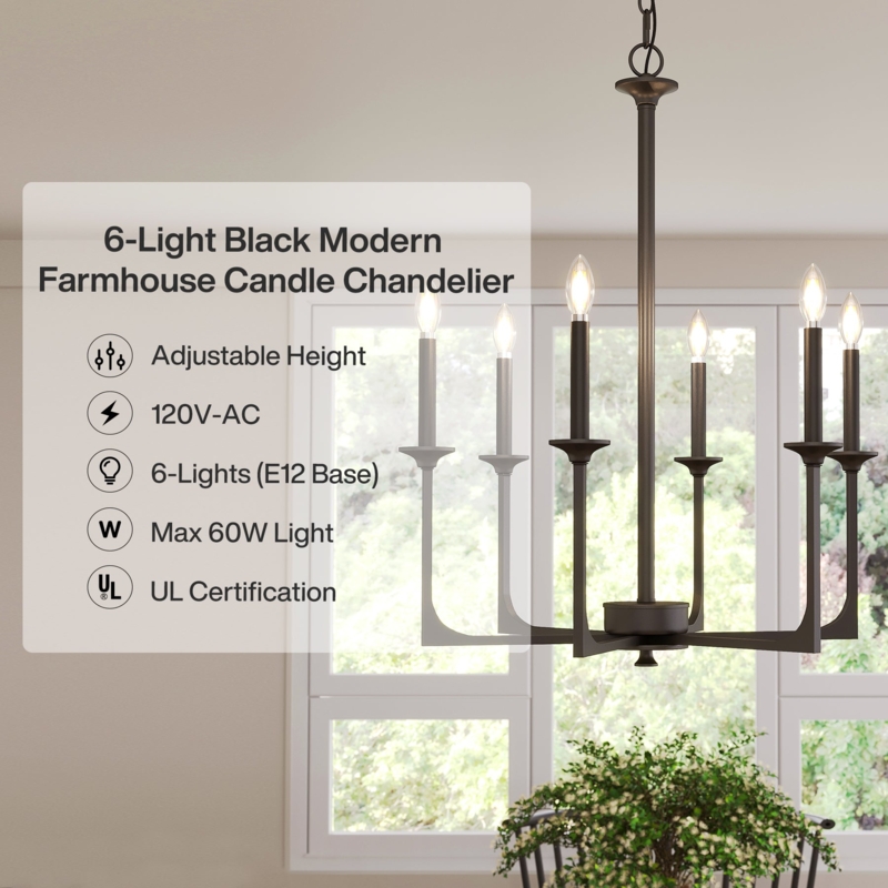 Linear Chandelier Six Light Open Box Frame Wood and Black Metal