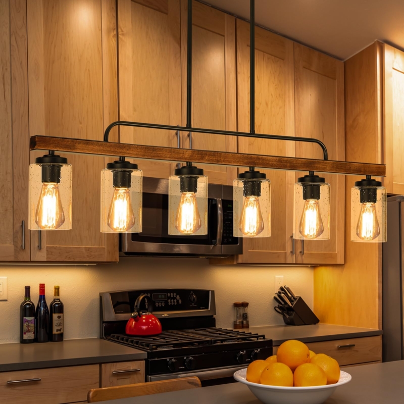 Linear Chandelier Six Light Wood Frame with Seeded Glass Shades