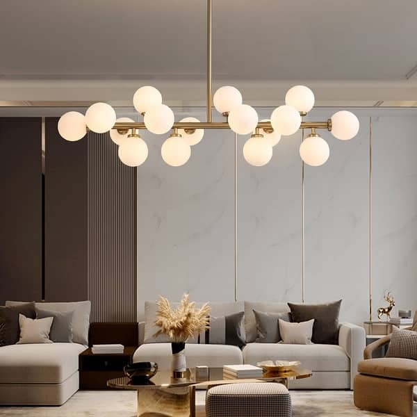 Linear Chandelier Sixteen Light Count Brass Finish Frosted Glass Globes