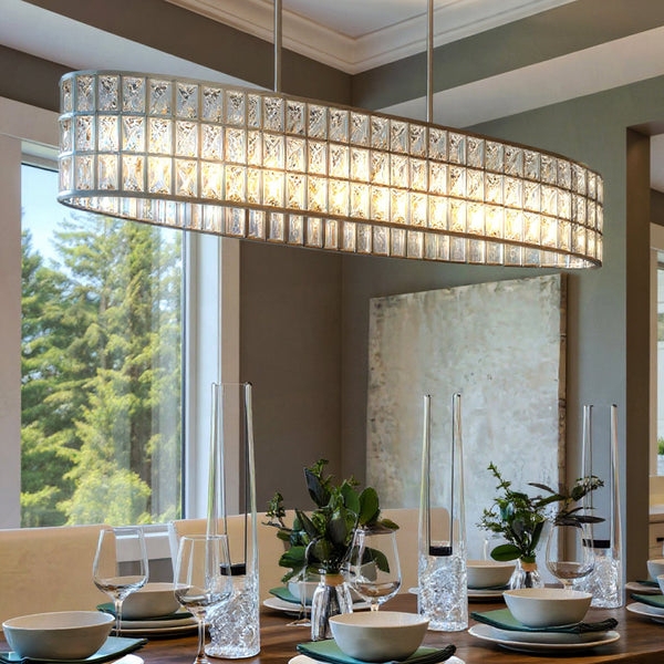 Linear Chandelier, Sleek Polished Chrome with Cylindrical Glass