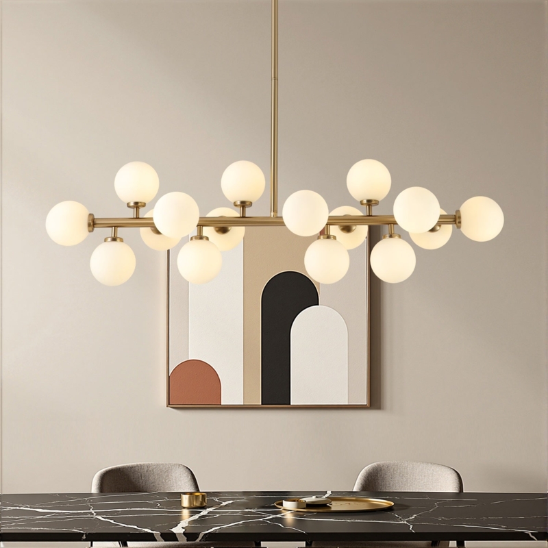 Linear Chandelier Staggered Globes Matte Black Dining Room