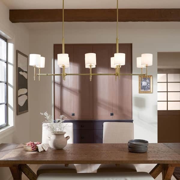 Linear Chandelier Tapered Shades Brushed Brass 10 Light Dining Room