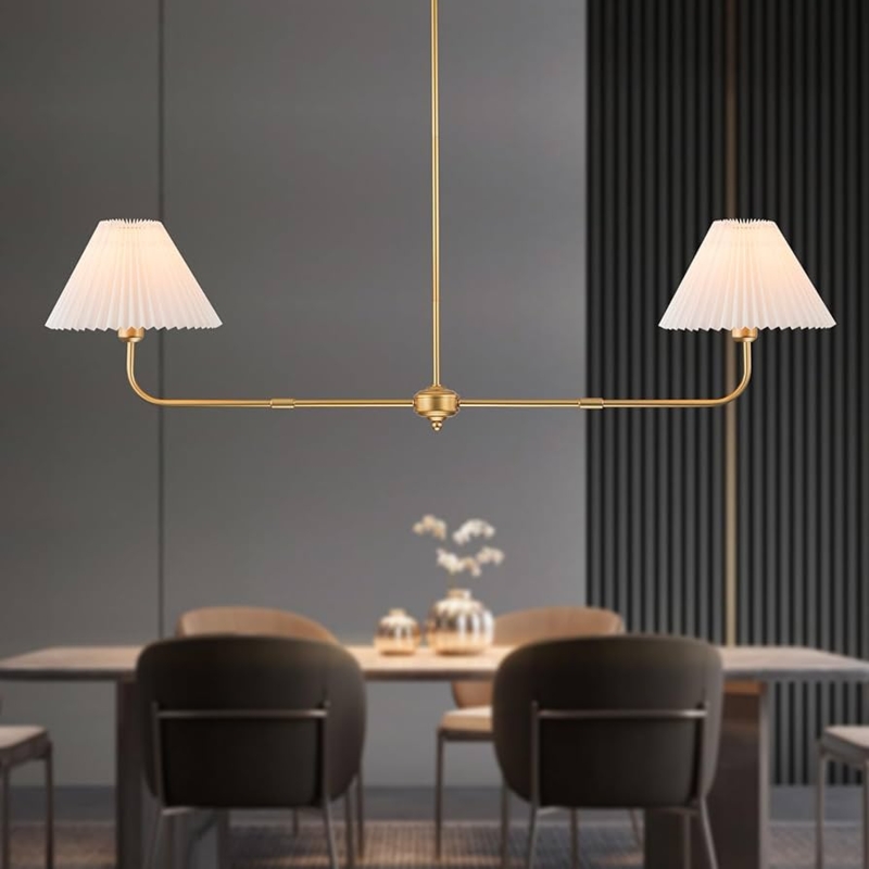 Linear Chandelier with White Fabric Drum Shades, Brushed Finish