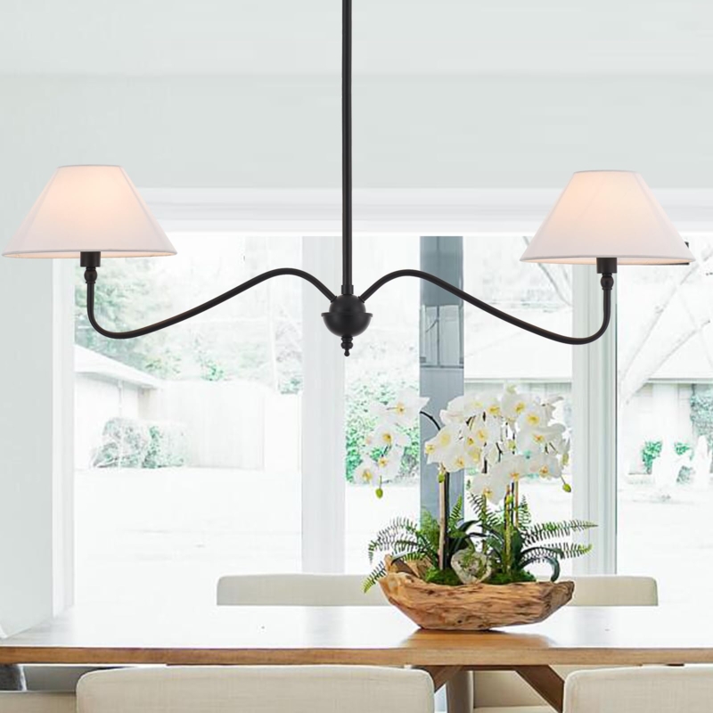 Linear Chandelier with Wood Toned Bar & Rectangular Fabric Shade