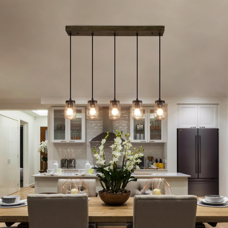 Linear Chandelier Wood Bar Farmhouse Mason Jar Island Lighting