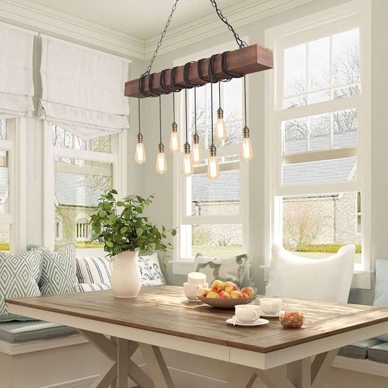Linear Chandelier, Wood Beam & Exposed Filament Bulbs, Industrial