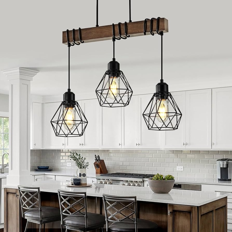 Linear Chandelier Wood Beam Support Trio Bell Shades Rustic Style