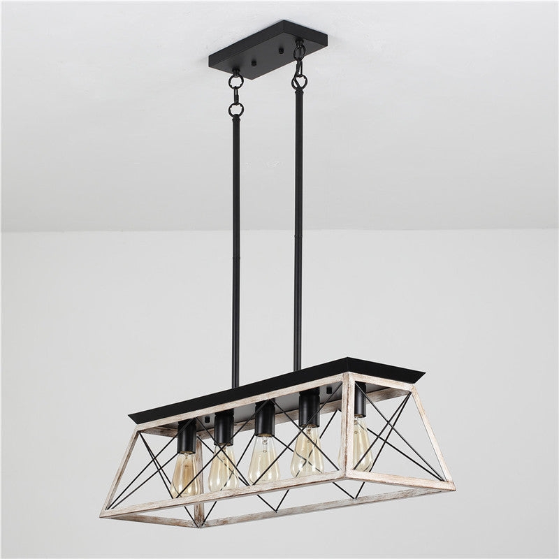 Linear Chandelier Wood Toned 5-Light Exposed Bulbs Farmhouse Dining