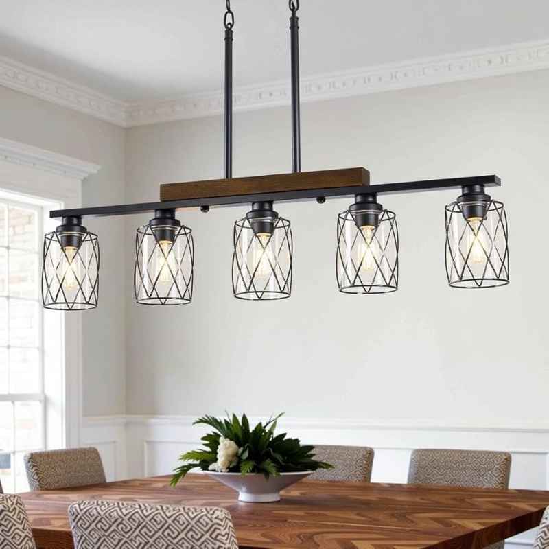 Linear Chandelier Wood Toned Beam Metal Clear Glass Shades Fixture