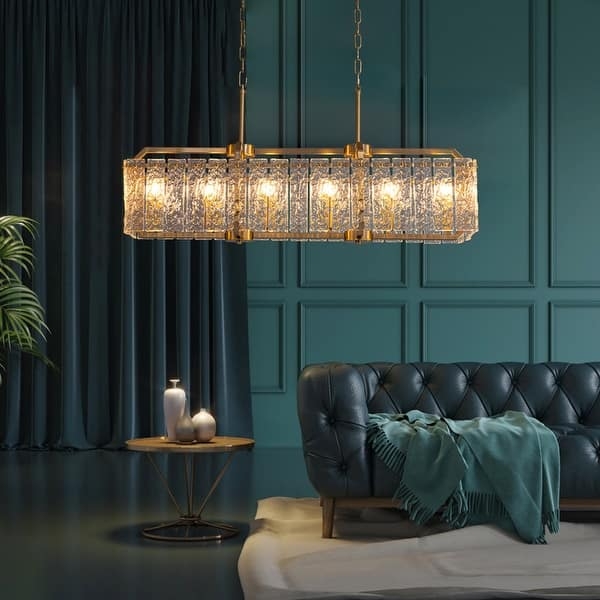 Linear Crystal Chandelier for Island, Brass Rectangular Design Glam