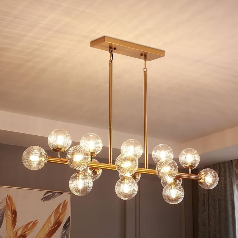 Linear Dining Chandelier Gold Rectangular Clear Glass Shades (70 characters)