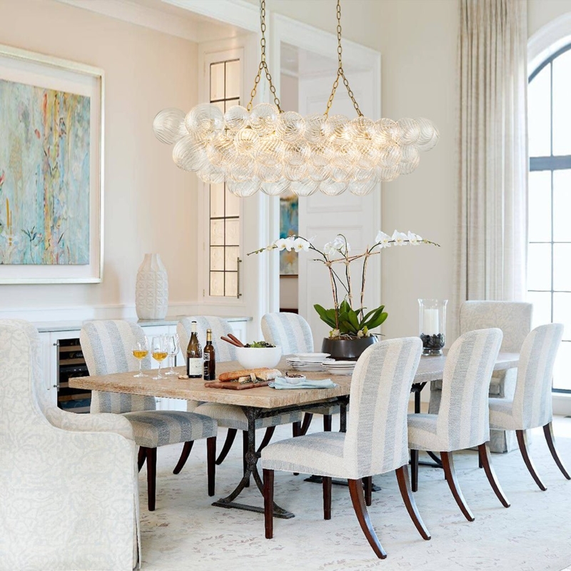 Linear Dining Room Chandelier with 8-Light Swirled Glass Globes.