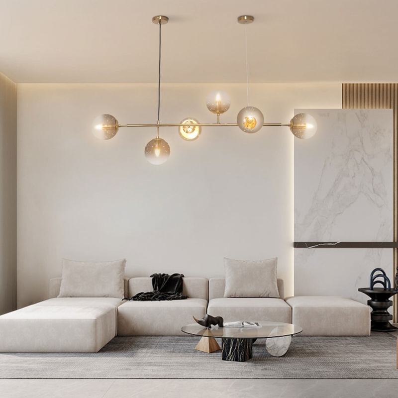 Linear Globe Chandelier Brushed Gold White Spherical Shades Six Light