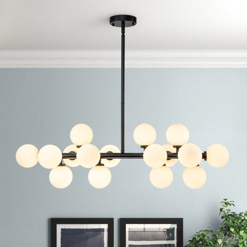 Linear Globe Chandelier Matte Black Frosted Glass Symmetrical (70 characters)