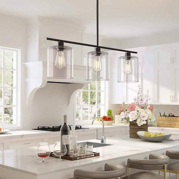 Linear Island Pendant Matte Black Clear Glass Cylinder Shades Modern