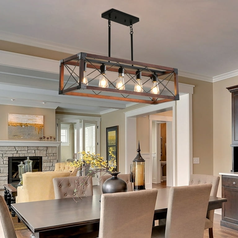 Linear Island Pendant Rectangular Wood Frame Industrial Exposed Bulbs.