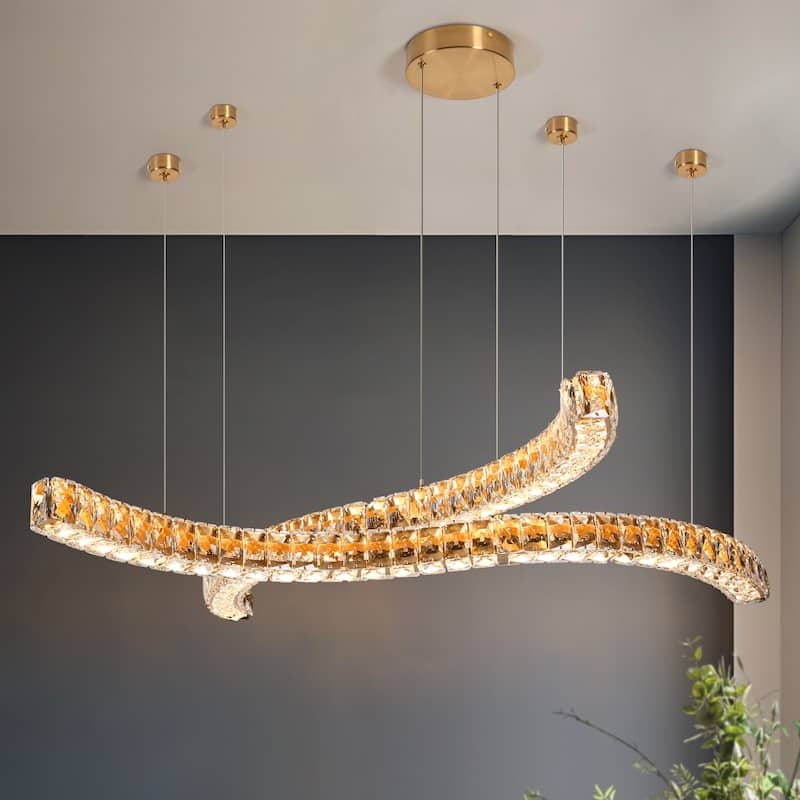 Linear Island Pendant with Integrated LED Disks and Brushed Gold Finish