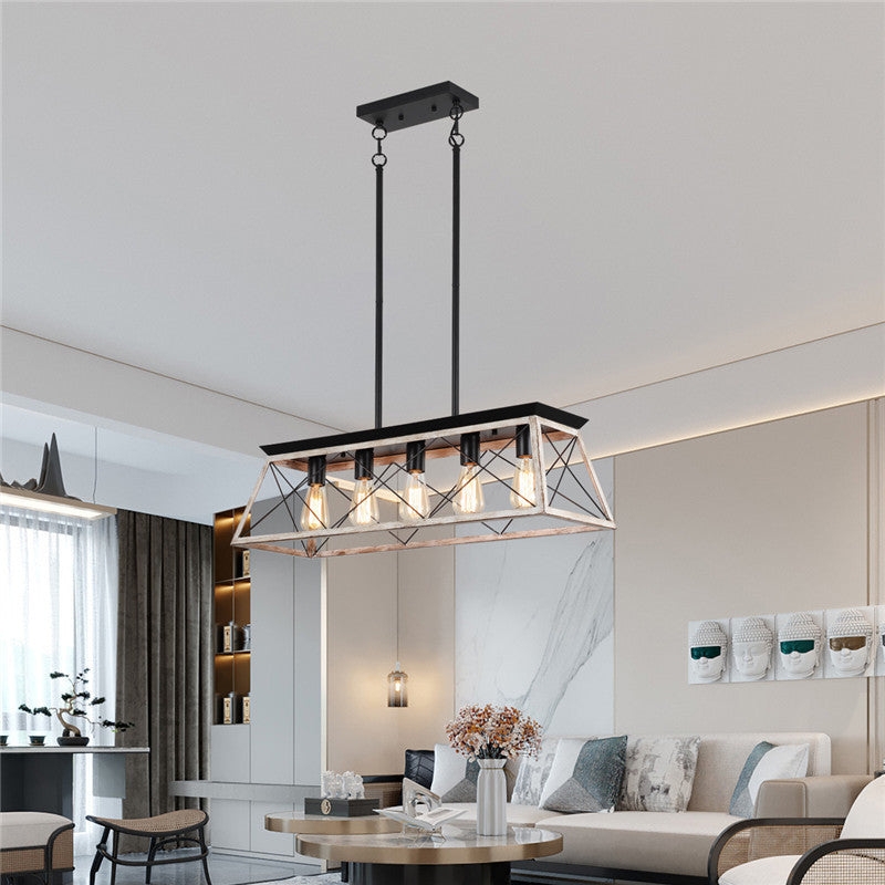 Linear Pendant Distressed Wood Accents Black X-Brace Rustic Cage