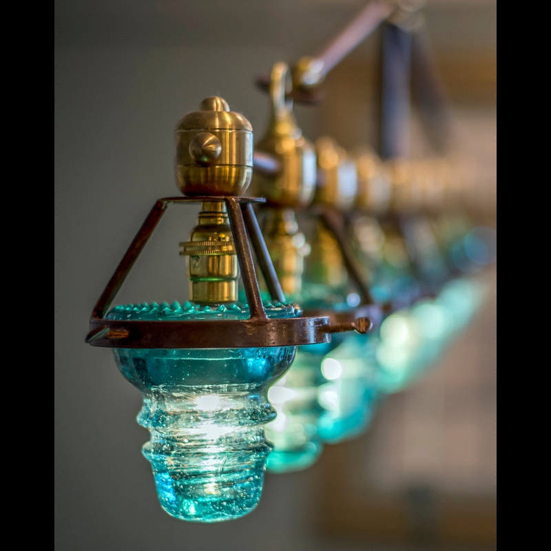 Linear Pendant Light 5-Light Blue Glass Shades Antique Bronze