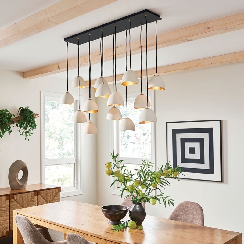 Linear Pendant Light: Asymmetric White and Gold Shades, Scandinavian Style
