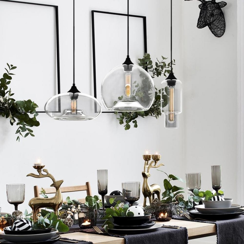 Linear Pendant Light Black Frame Triple Glass Cylinder Shades