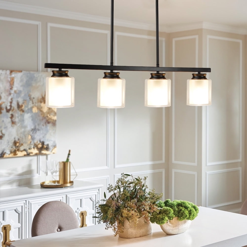 Linear Pendant Light Dark Metal Four Light Clear Glass Globes