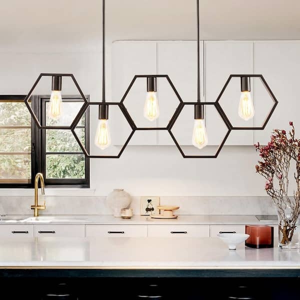 Linear Pendant Light Geometric Frame Matte Black Five Light Fixture