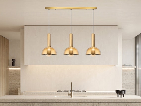 Linear Pendant Light Gold Bar Staggered Black Dome Shades Kitchen Island