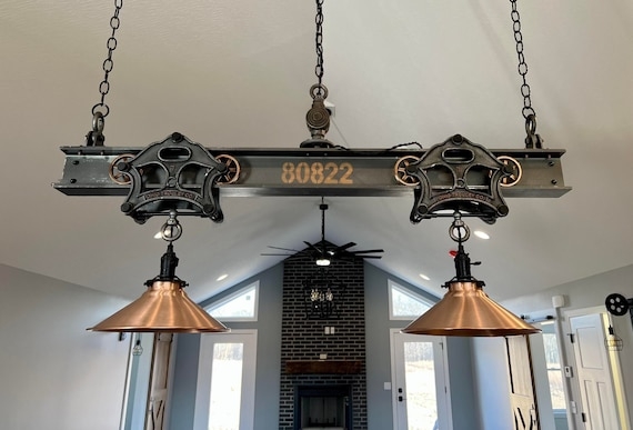 Linear Pendant Light, I-Beam Design, Rusted Finish, Cord-Wrapped Bulbs