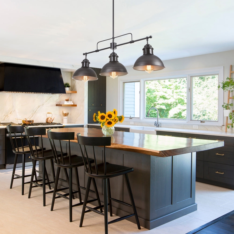 Linear Pendant Light Matte Black with Exposed Filament Bulbs for Kitchens