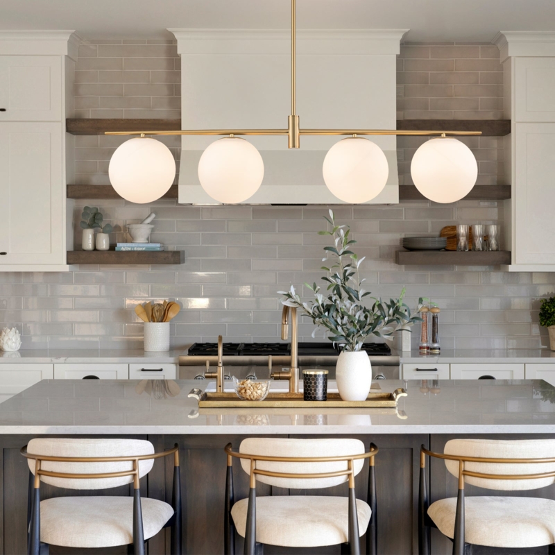 Linear Pendant Light Opal Glass Globes Brushed Gold Mid-Century Modern