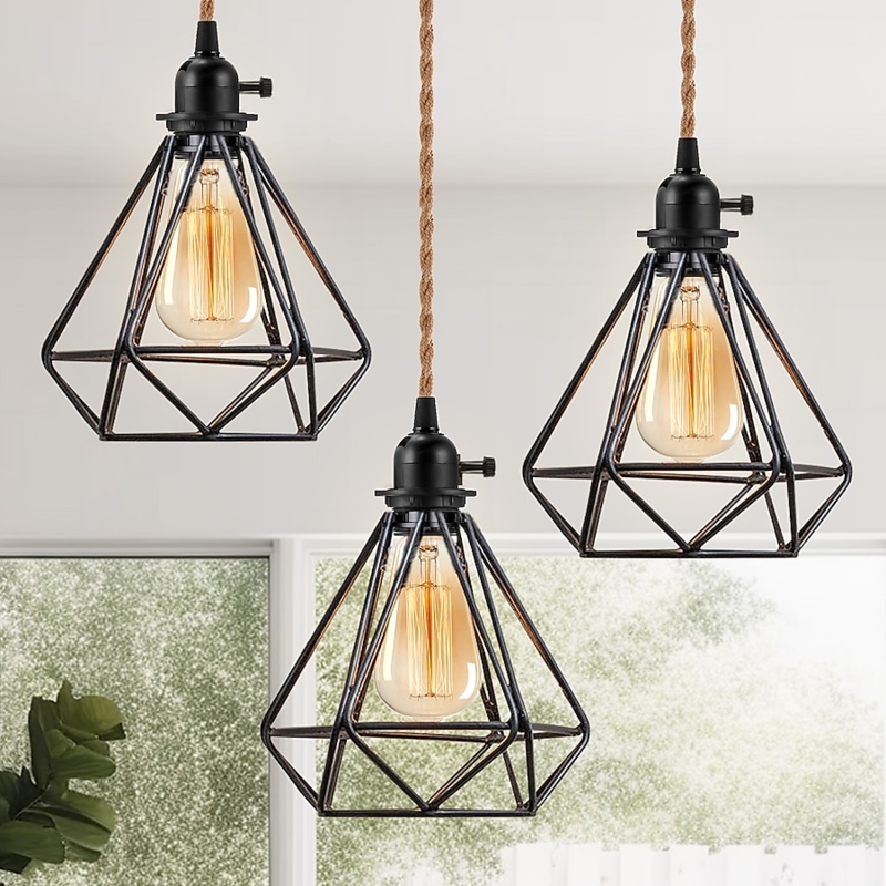 Linear Pendant Light, Rustic Wood Toned Accent Beam, Three Light Cage