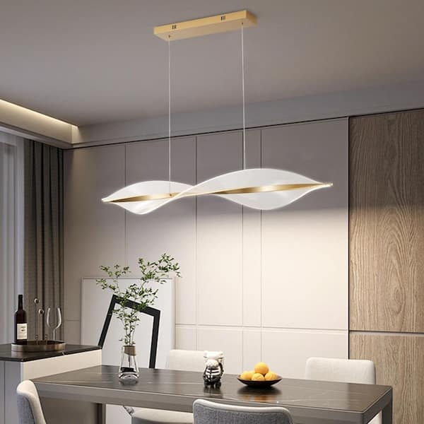 Linear Pendant Light Sculptural Wave Silhouette Gold Integrated LED