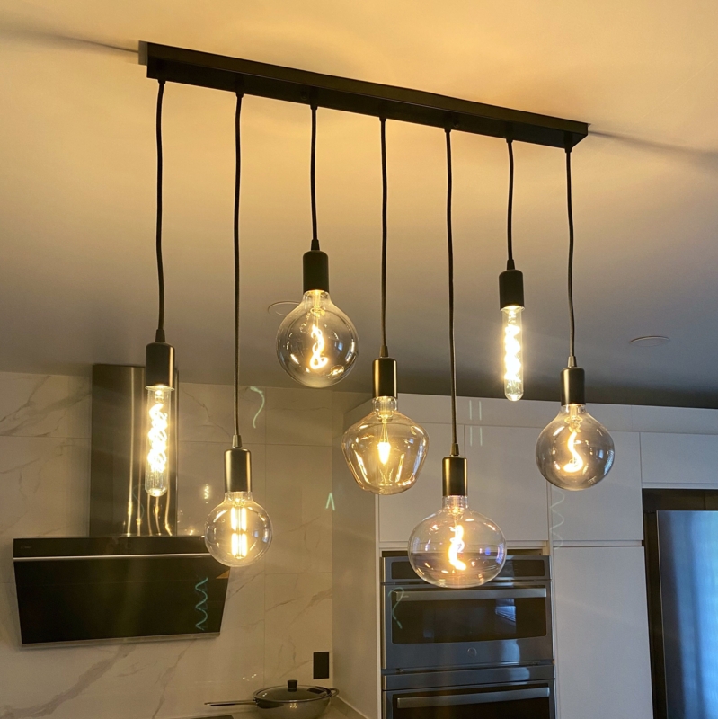 Linear Pendant Light, Seven Light Configuration, Amber Teardrop Shades