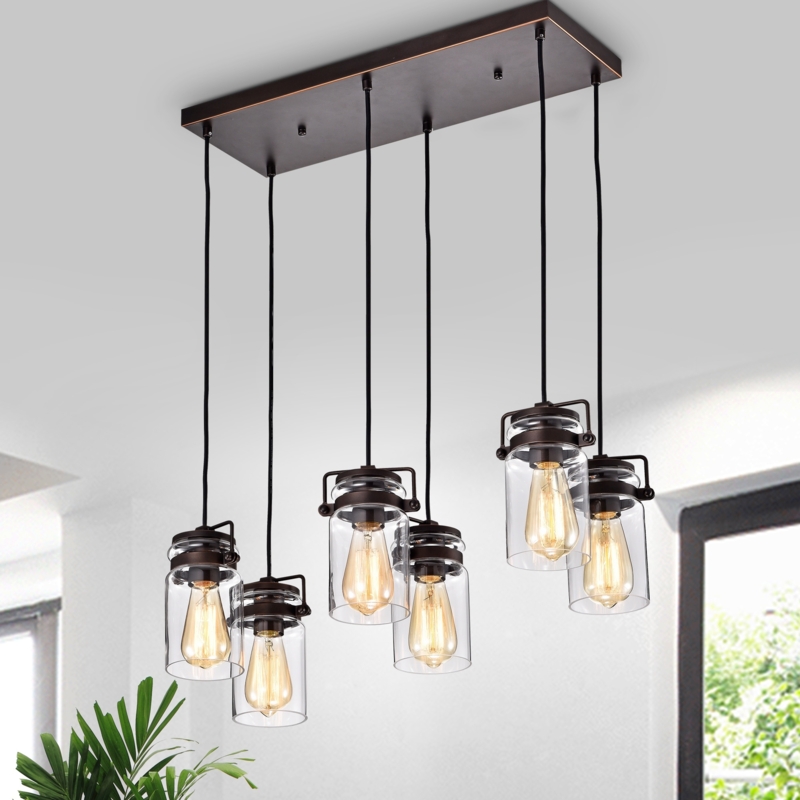 Linear Pendant Light Six-Light Frame with Clear Glass Jar Shades Rustic
