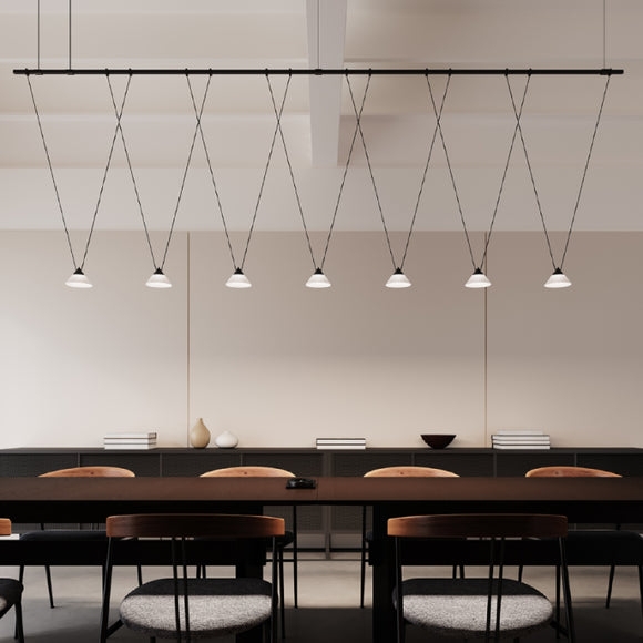 Linear Pendant Light System with Etched Glass Cones Satin Black