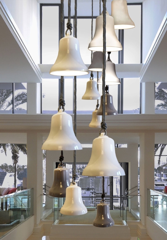 Linear Pendant Light Three Ceramic Bell Shades Taupe Minimalist