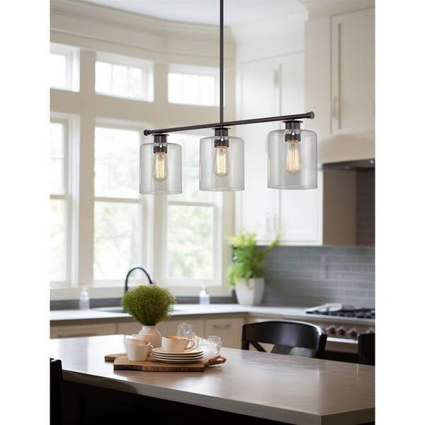 Linear Pendant Light Three-Light Farmhouse Fixture Metal Dome Shades