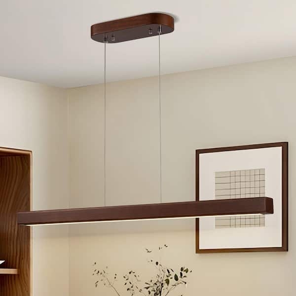Linear Pendant Light Walnut Wood Finish Integrated LED Minimalist Slim.