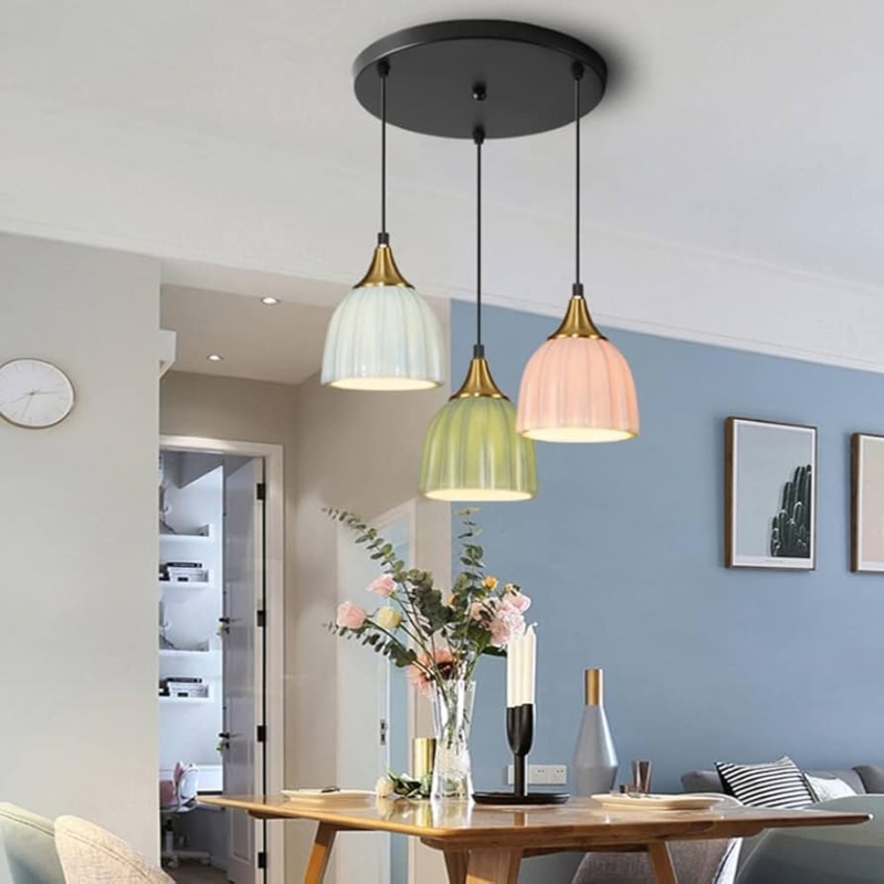 Linear Pendant Light White Ceramic Shades with Wood Top Accents