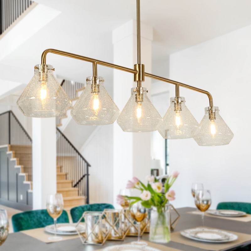 Linear Pendant Light with Crackle Glass Globes for Contemporary Dining