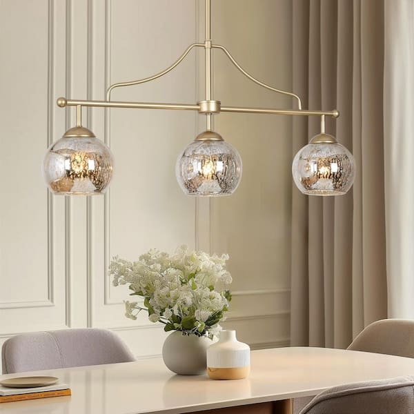 Linear Pendant Light with Mercury Glass Shades and Brushed Gold Finish